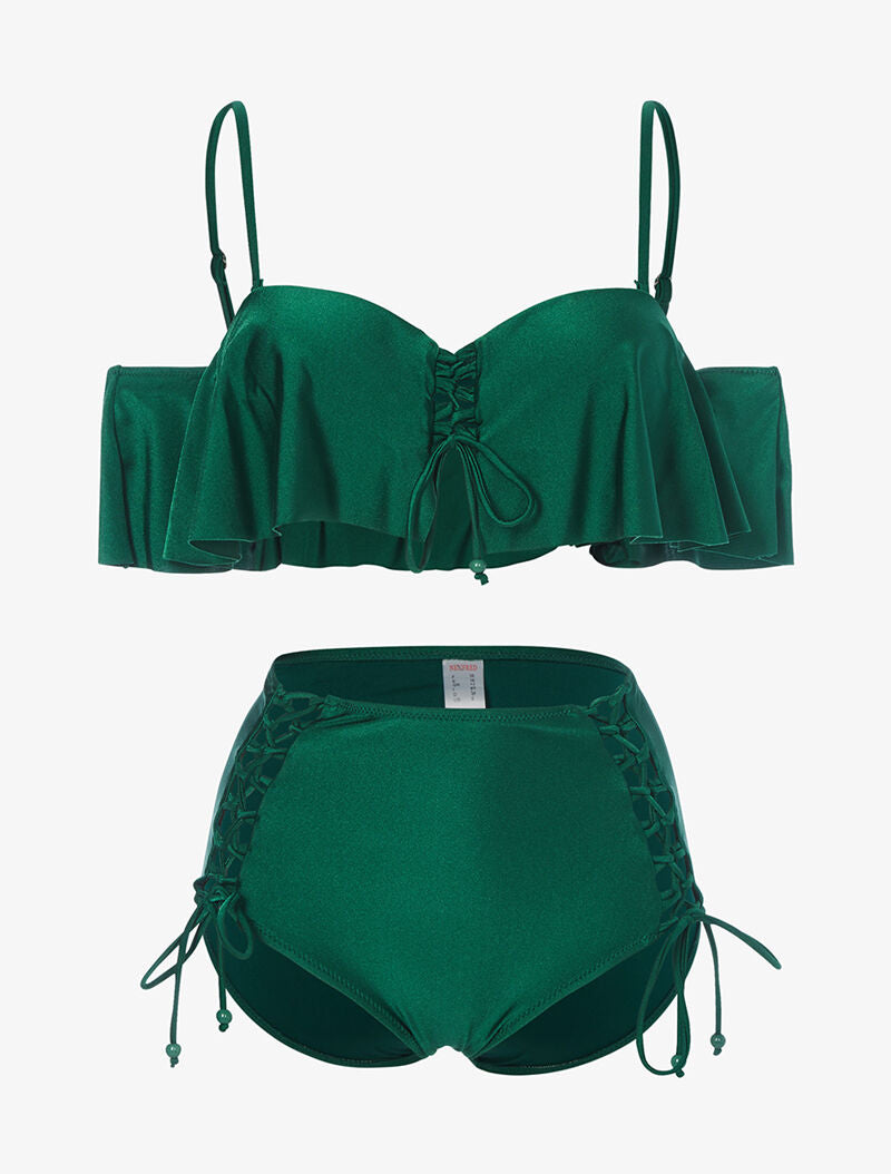 Bikini volanté et taille haute - vert - 1