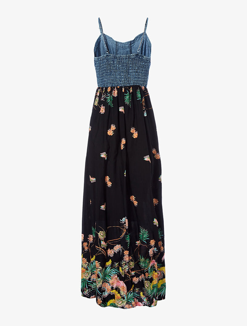 Robe longue imprimé printanier et buste en denim - noir - 2