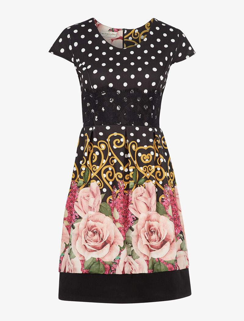 Robe coupe patineuse à pois et roses - noir - 3