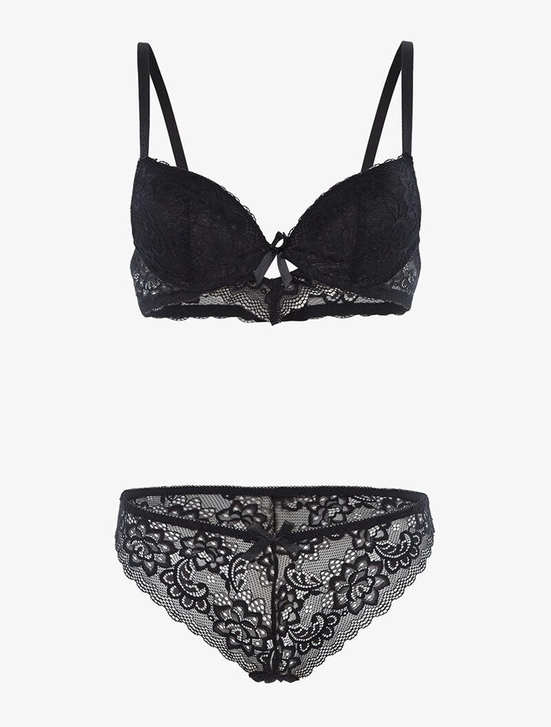 Ensemble en dentelle fine fleurie et tanga - noir - 1