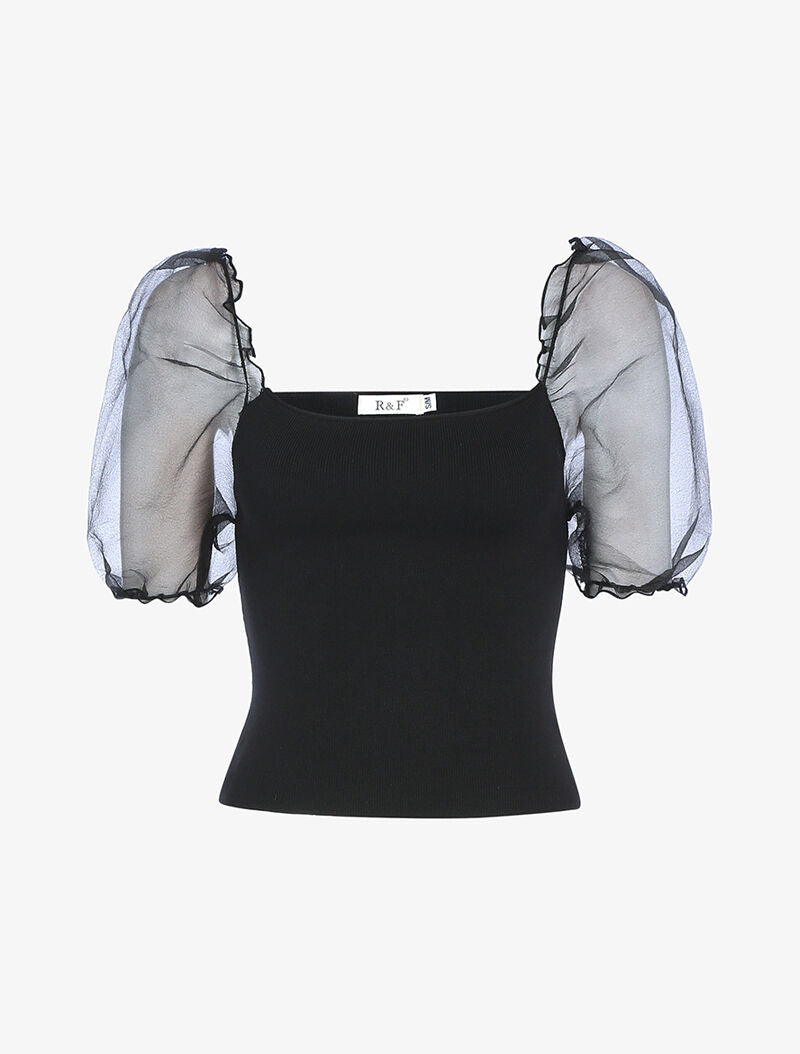 Crop top à manches courtes bouffantes - noir - 1