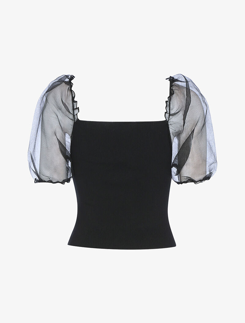 Crop top à manches courtes bouffantes - noir - 2