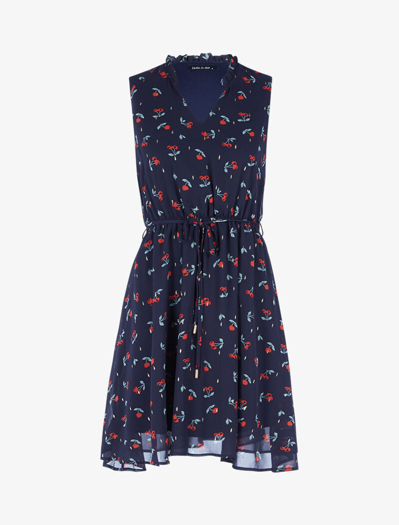 Robe cintrée en voile imprimé cerises - bleu nuit - 3