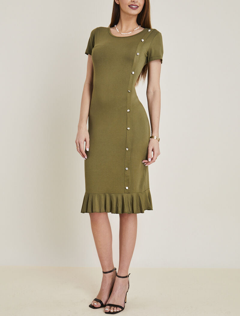 Robe à boutonnière et bord volanté - kaki - 5