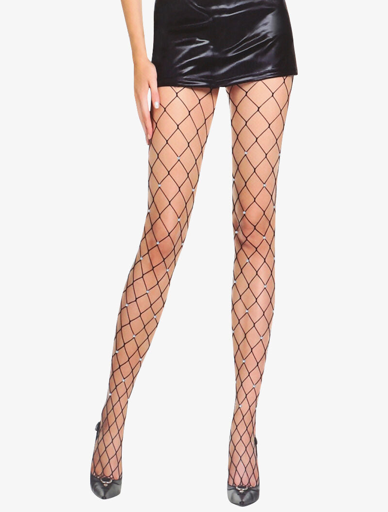 Collants en grosse résille ornée de strass - noir - 1