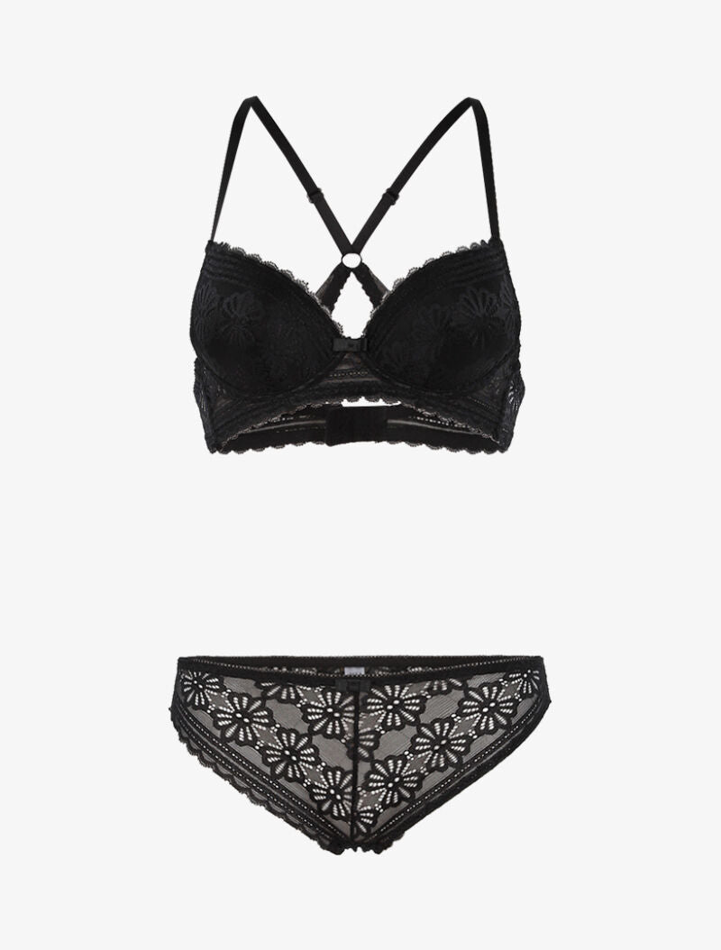 Ensemble dentelle fleurie à dos nageur et tanga - noir - 1