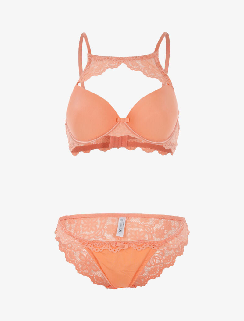 Ensemble à bande dentelle et tanga - corail - 1
