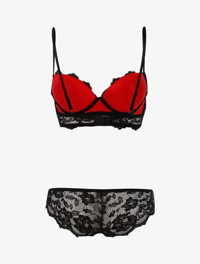 Ensemble dentelle doublée et tanga - noir/rouge - 2