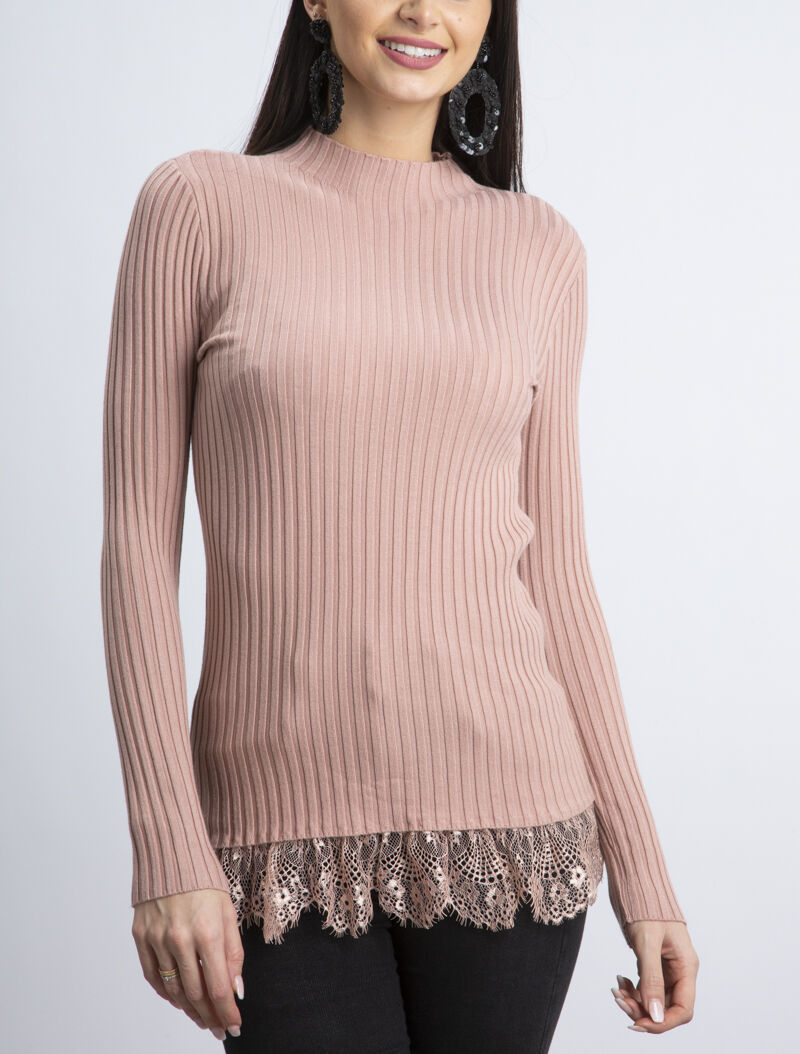 Pull côtelé à bord dentelle - rose - 6
