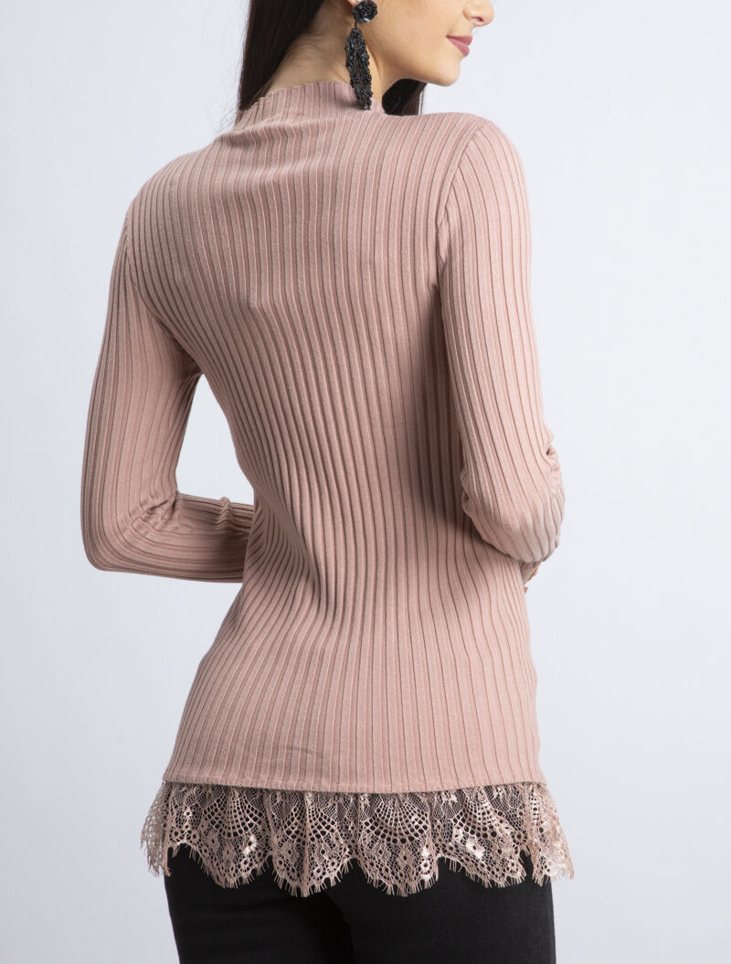 Pull côtelé à bord dentelle - rose - 2