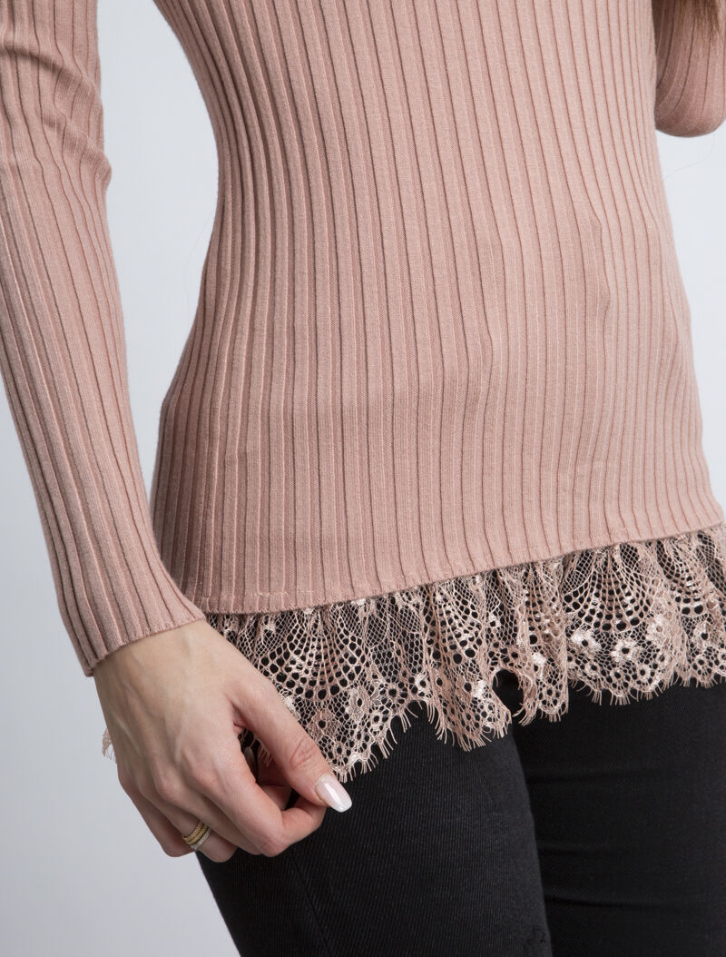 Pull côtelé à bord dentelle - rose - 3