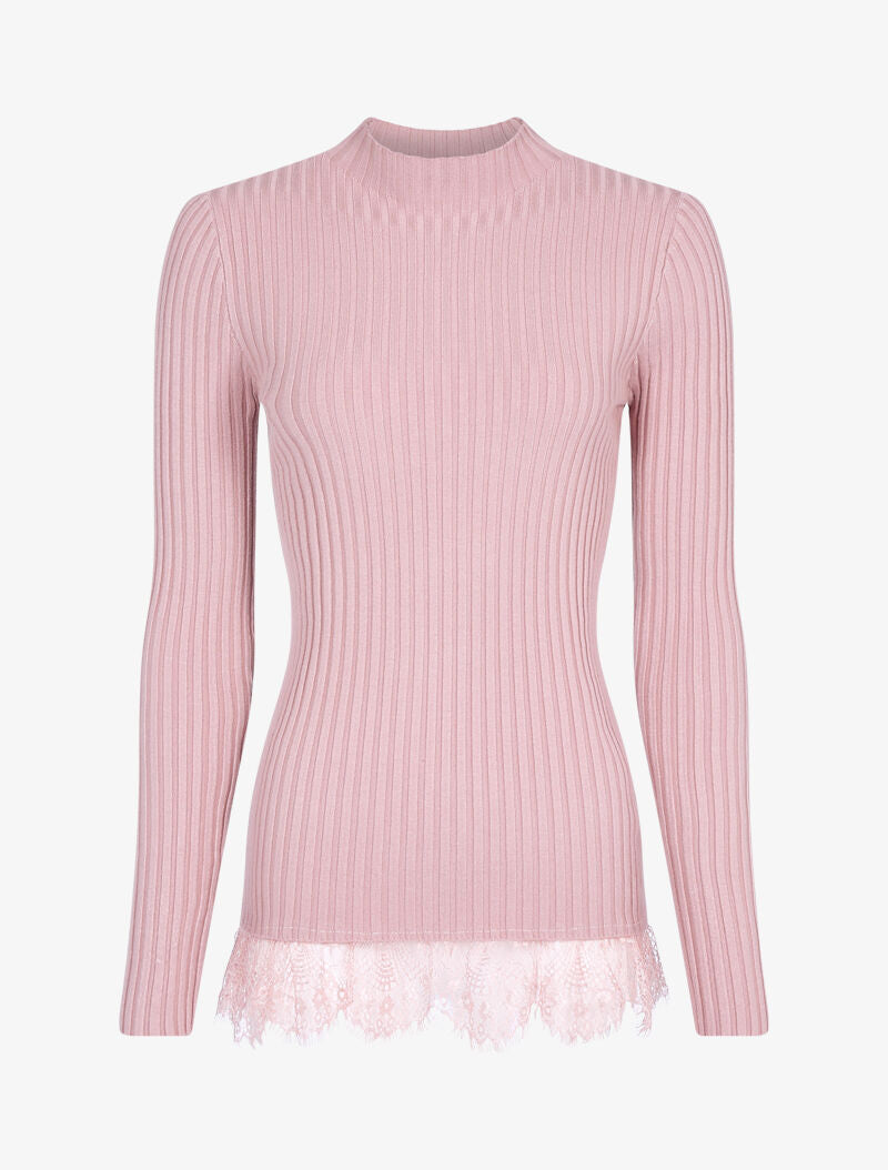 Pull côtelé à bord dentelle - rose - 4