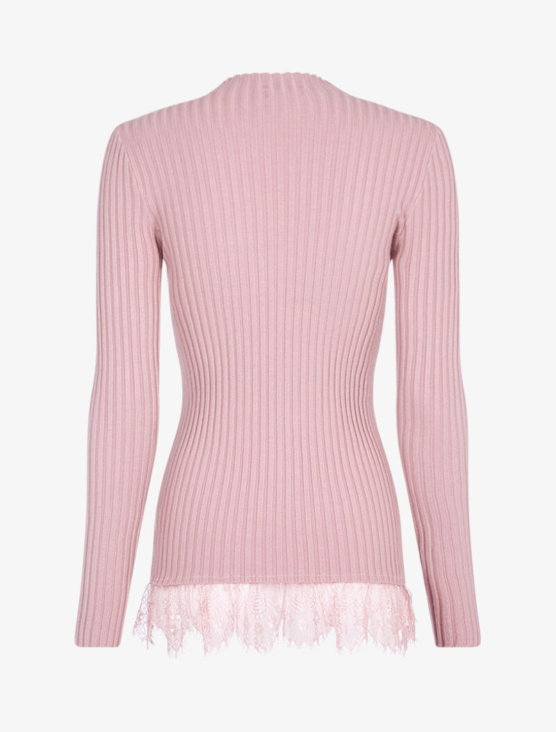 Pull côtelé à bord dentelle - rose - 5