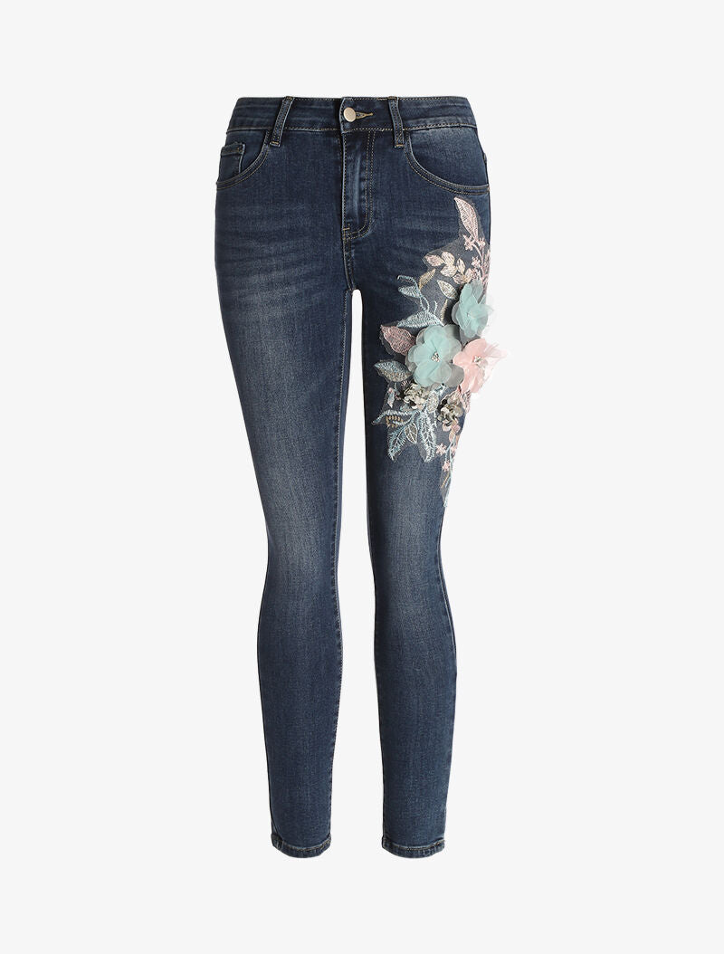 Jean 7/8 con paneles florales - denim crudo