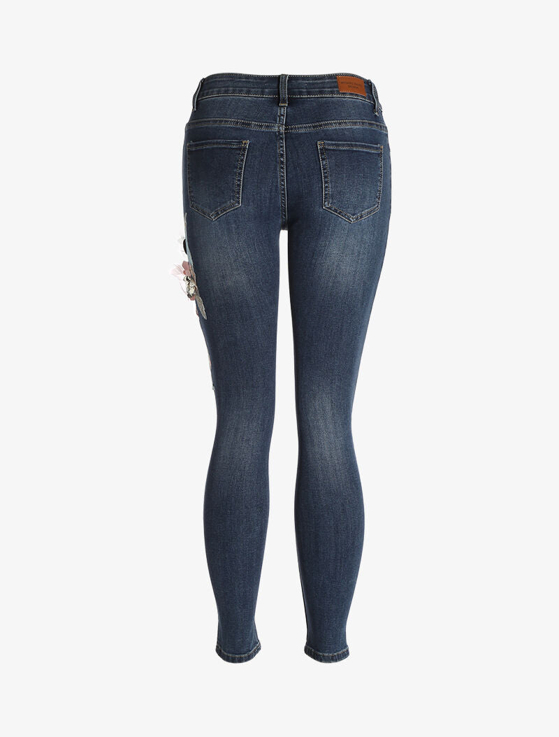 Jean 7/8 con paneles florales - denim crudo