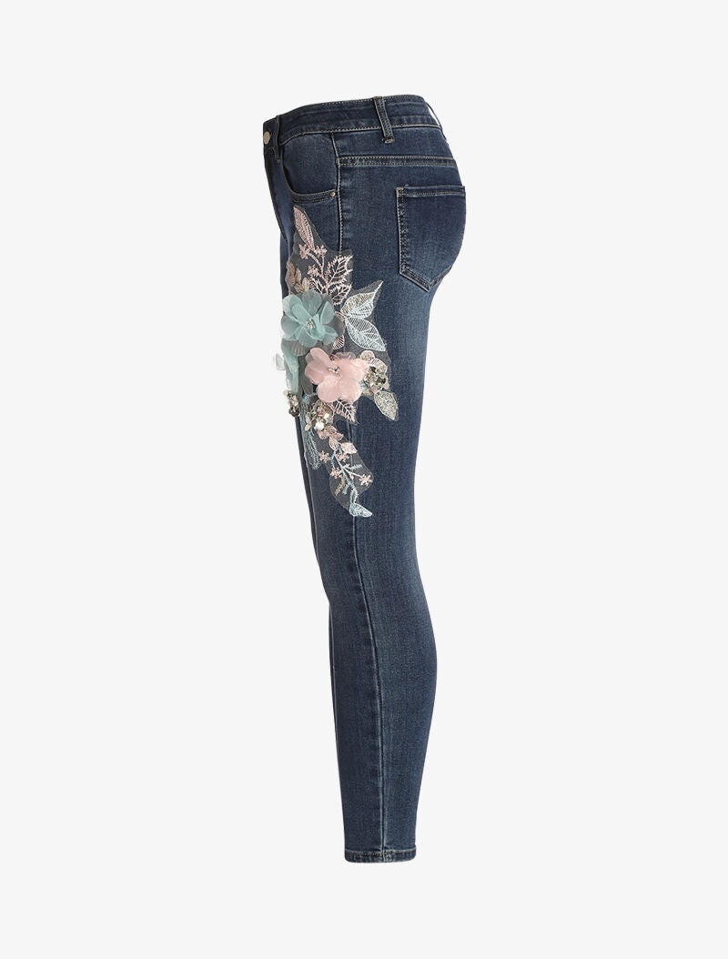 Jean 7/8 con paneles florales - denim crudo