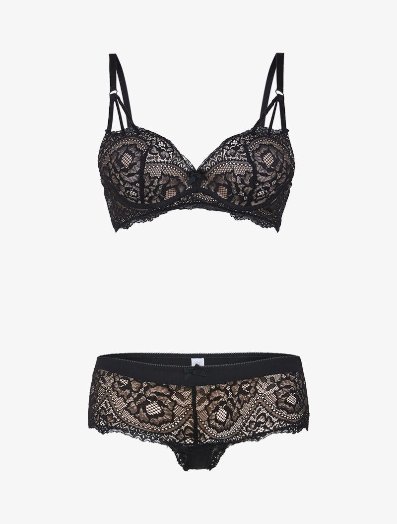 Ensemble en dentelle à bretelles stylisées - noir/beige - 1