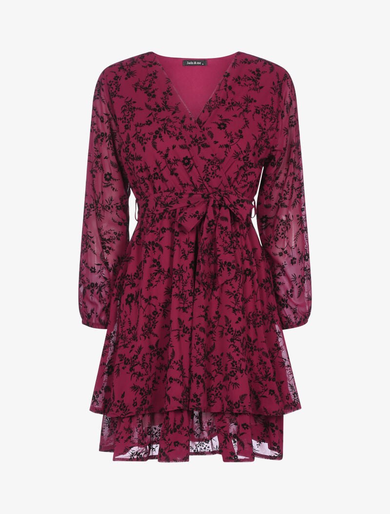 Robe patineuse effet velours fleurie - bordeaux - 1