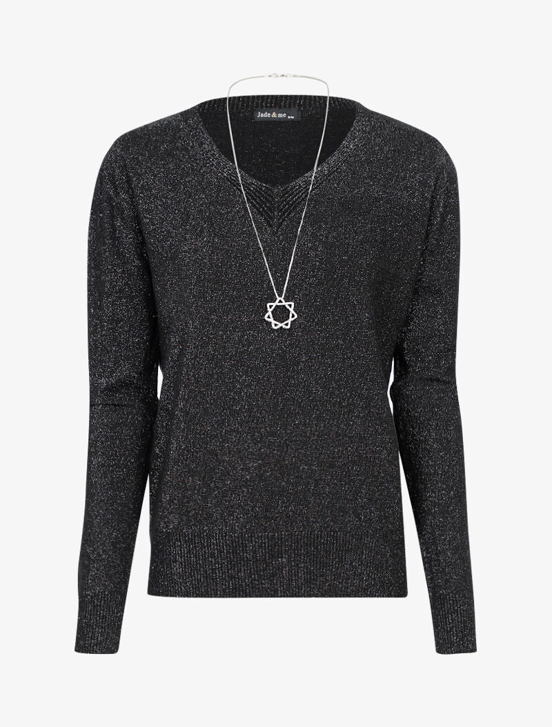 Pull loose pailleté à col V - noir - 3