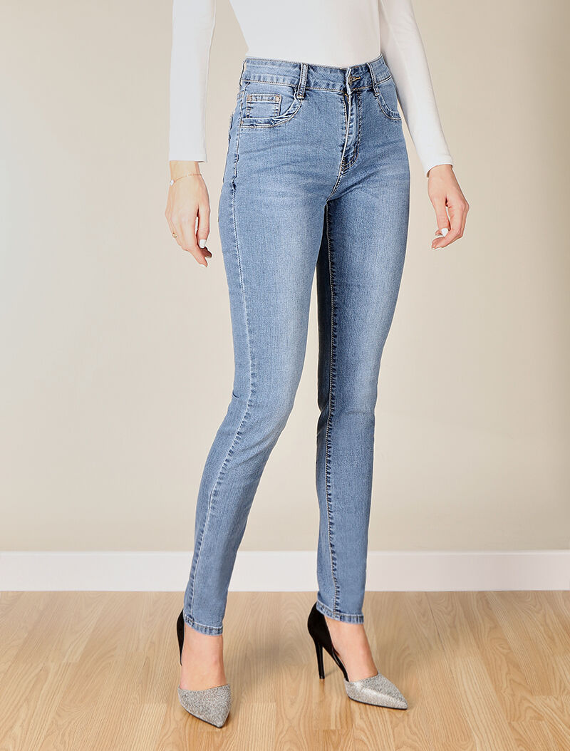 Jean skinny à poches arrières strassées - denim clair - 1