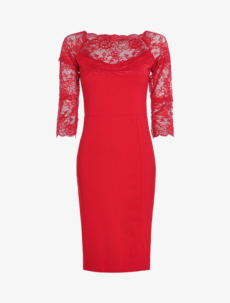 Robe à décolleté en dentelle - rouge - 3