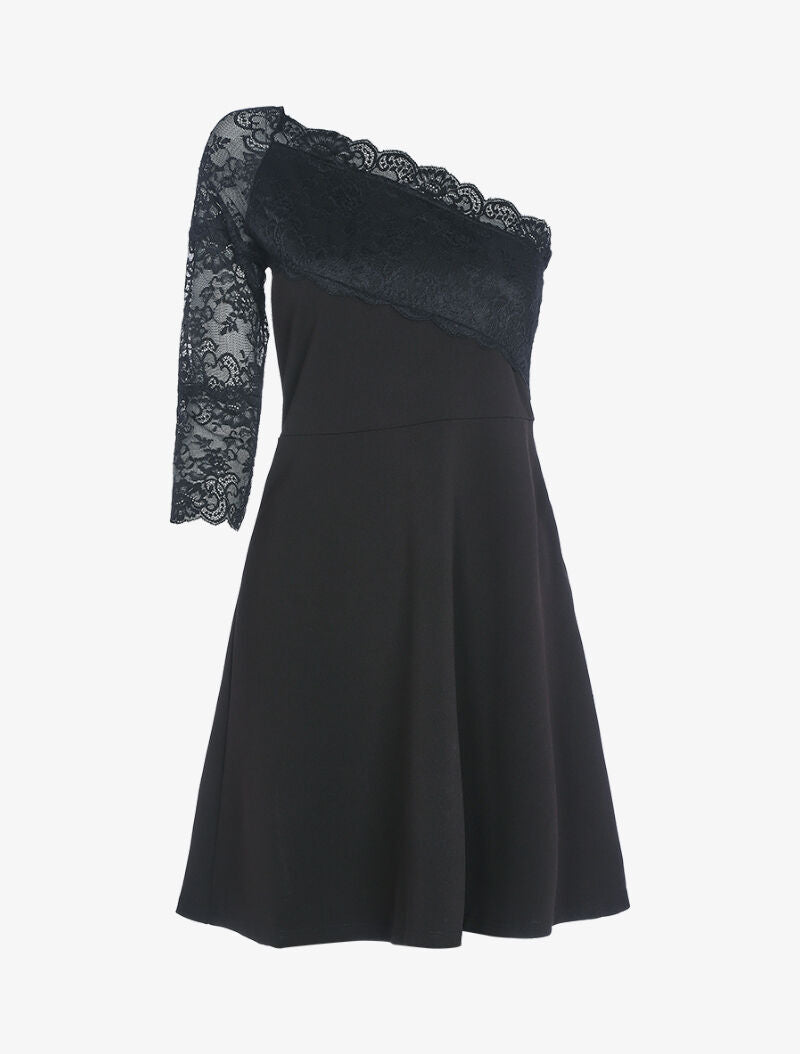 Robe à col asymétrique en dentelle - noir - 1