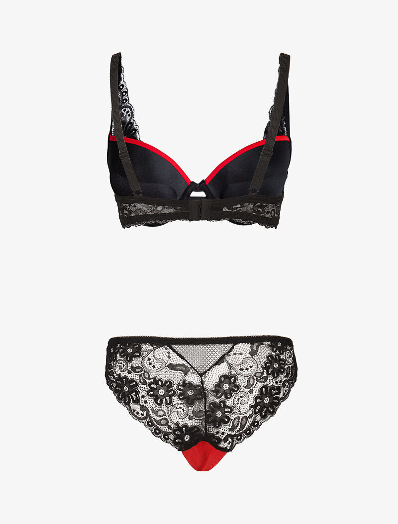Ensemble satiné à empiècements résille et dentelle - noir/rouge - 2