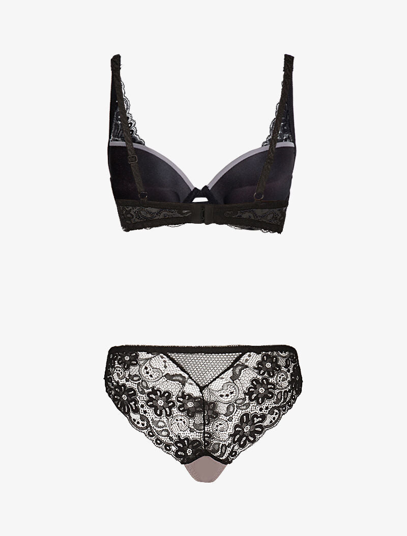 Ensemble satiné à empiècements résille et dentelle - noir/gris foncé - 2