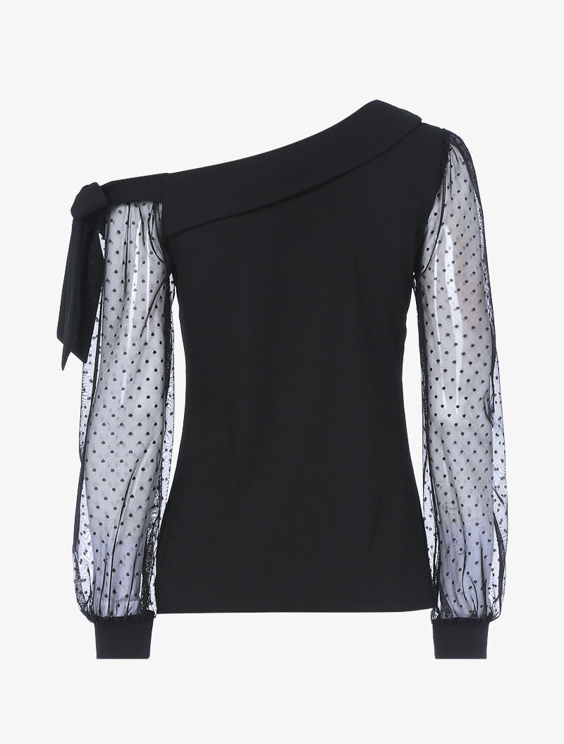 Top à encolure asymétrique et tulle - noir - 2