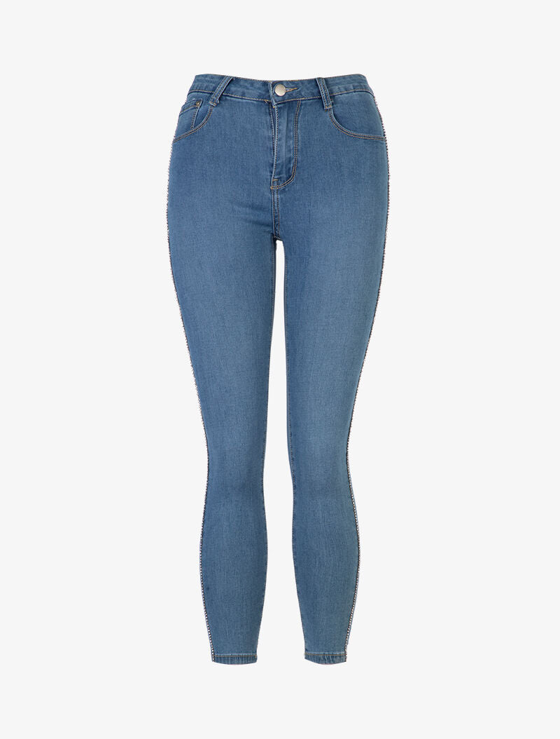 Jean skinny à liserés en strass - bleu denim - 2