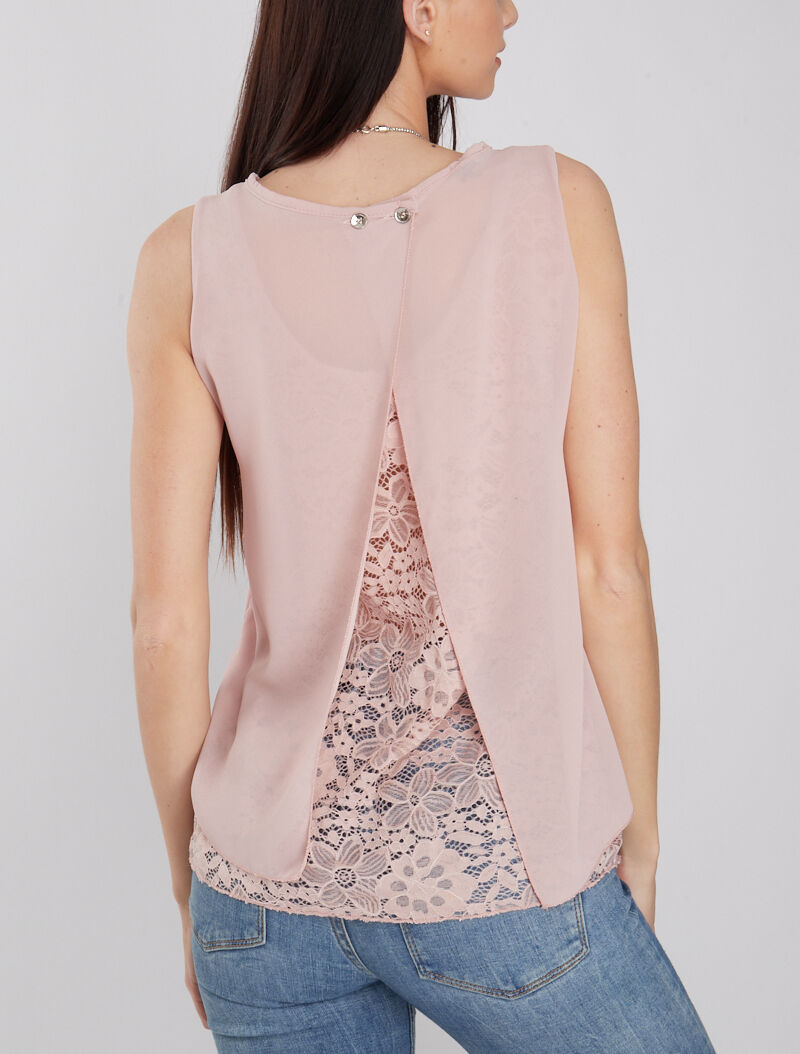 Top à dos fendu et dentelle - rose - 2