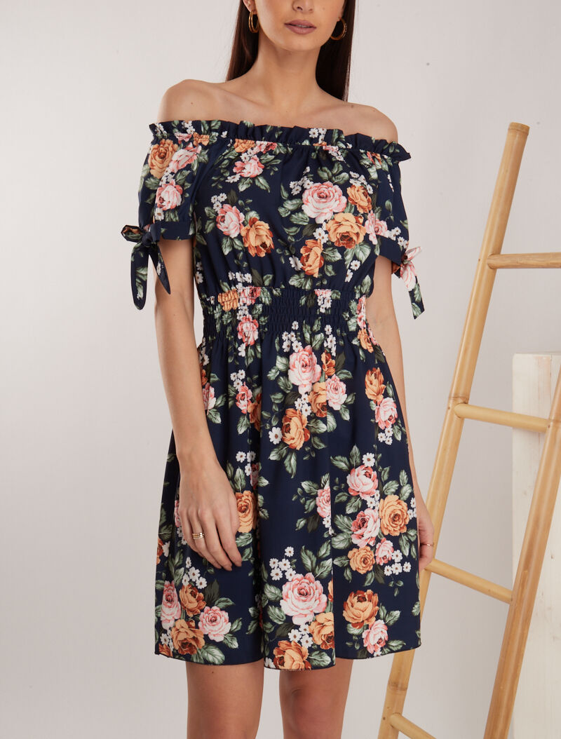Robe patineuse imprimée à col bardot - marine - 4