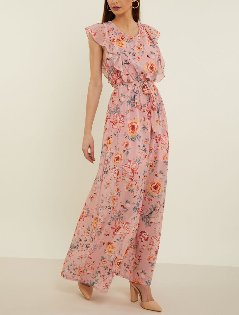 Robe fleurie à buste volanté - rose - 1