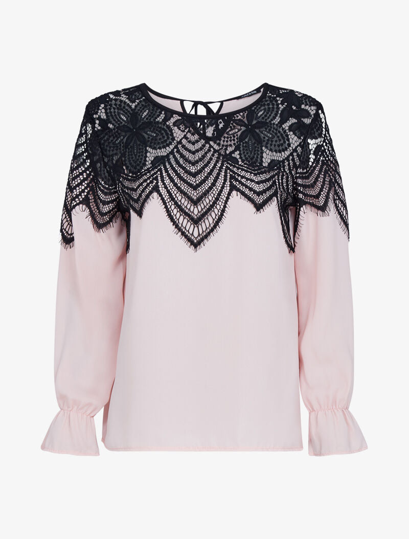 Blouse à empiècement dentelle - rose - 3