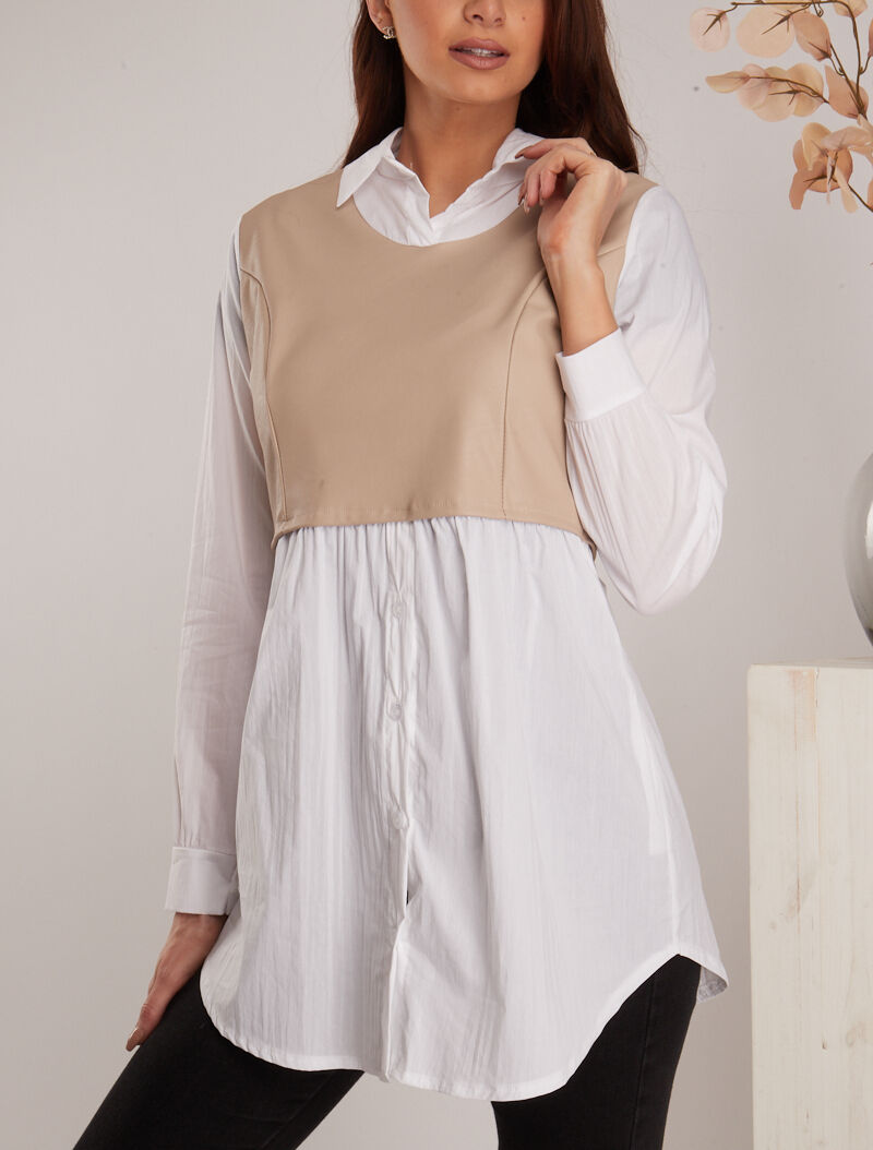 Chemise à empiècement simili - beige - 1