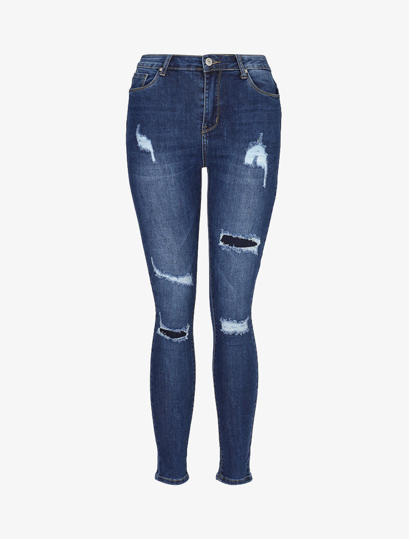 Jean skinny à déchirures doublées - bleu denim - 1