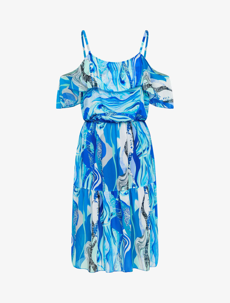 Robe à épaules dénudées et imprimés - bleu - 1