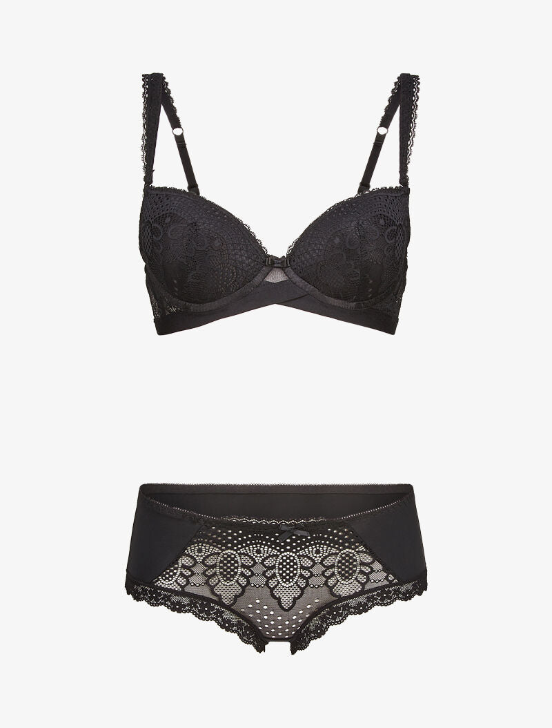 Ensembles à bretelles à bords dentelle et shorty ajouré - noir - 1