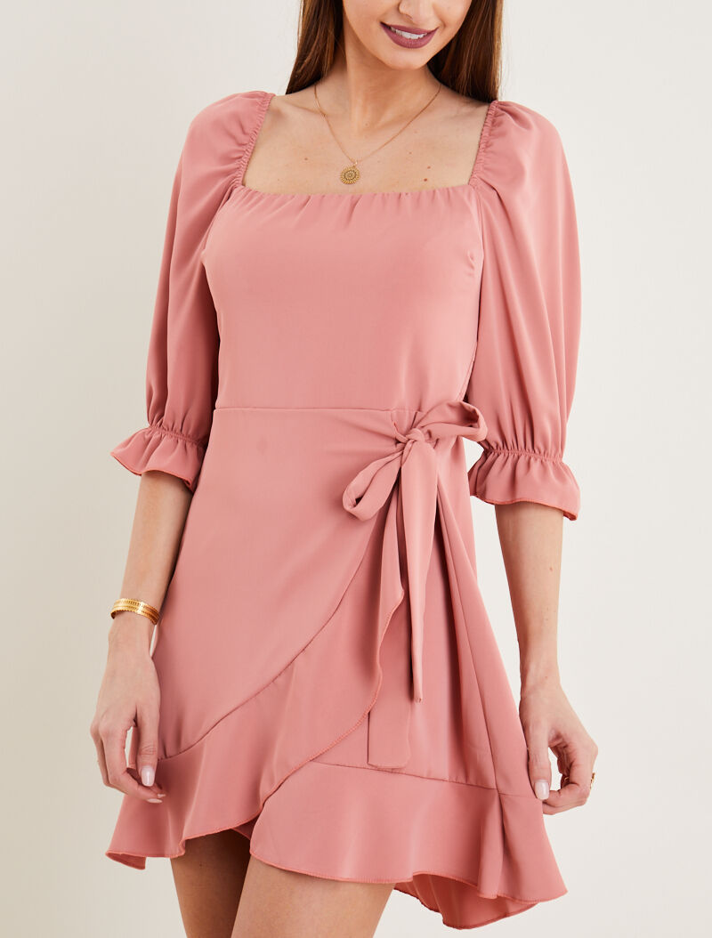 Robe style portefeuille à encolure carrée - rose saumon - 1