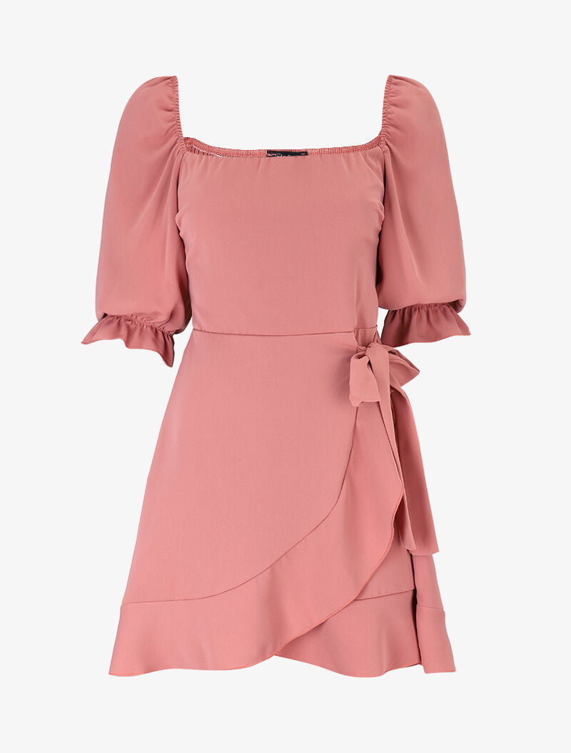 Robe style portefeuille à encolure carrée - rose saumon - 2