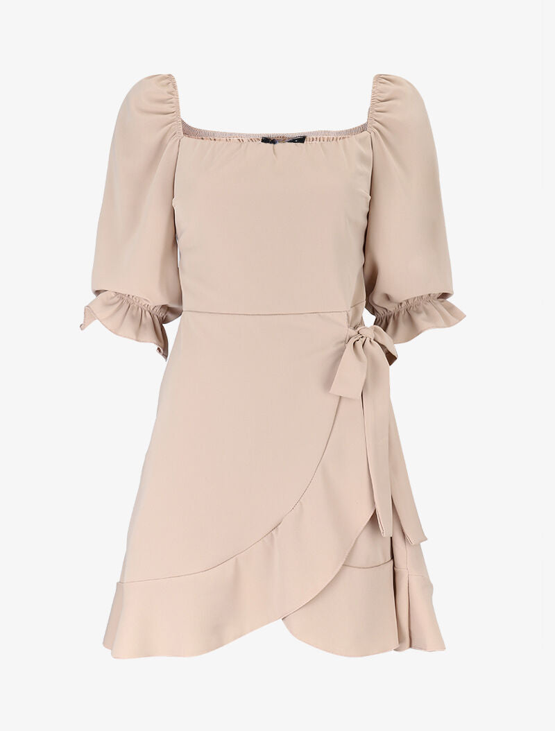 Robe style portefeuille à encolure carrée - beige - 1