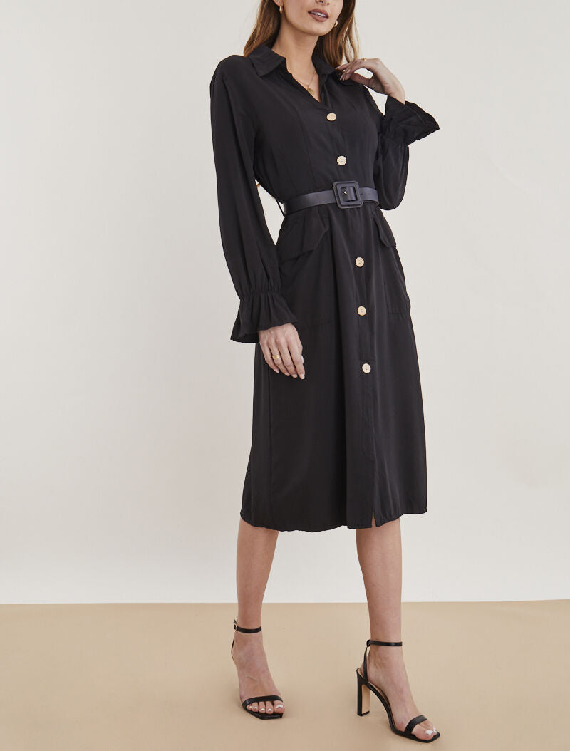 Robe chemise à ceinture simili - noir - 4