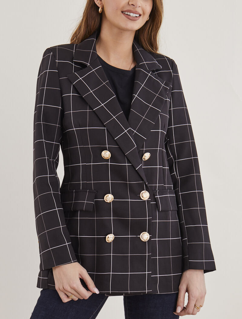Blazer long à grands carreaux - noir - 1