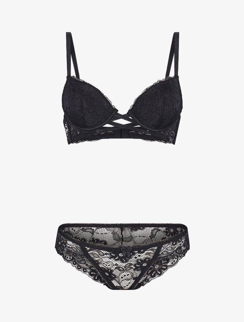 Ensemble en dentelle et à lanières - noir - 1
