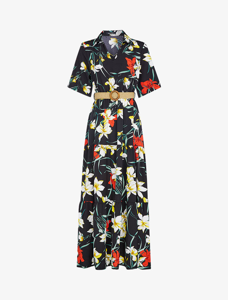 Robe longue à basques imprimé grandes fleurs - noir - 3