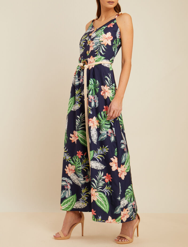 Robe longue imprimée à bretelles en cordelettes - marine - 4