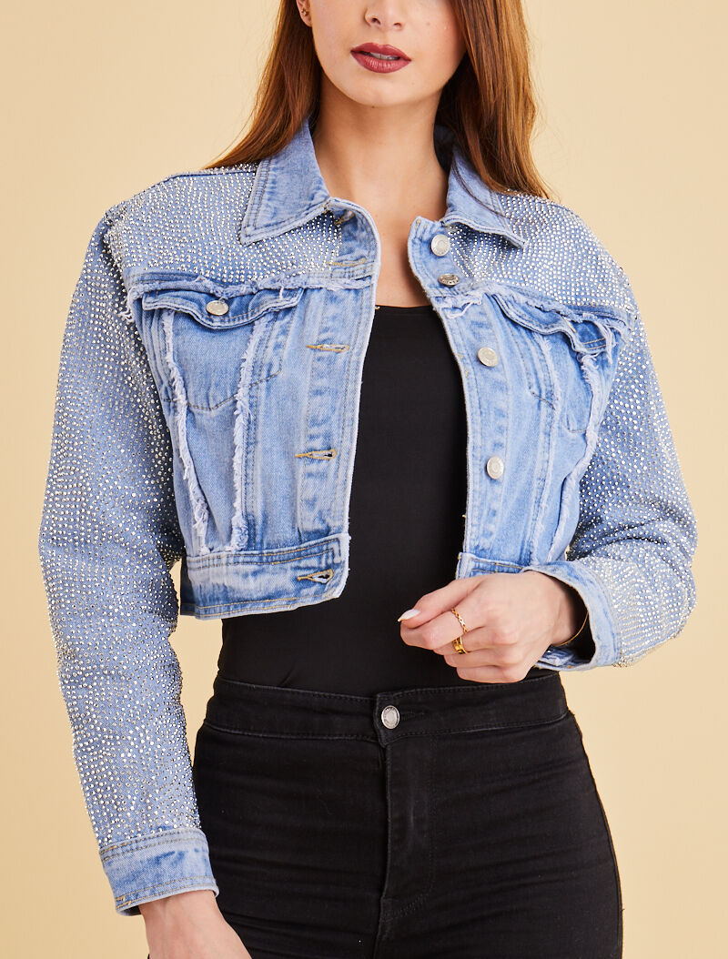 Cropped veste strassée - bleu ciel - 1