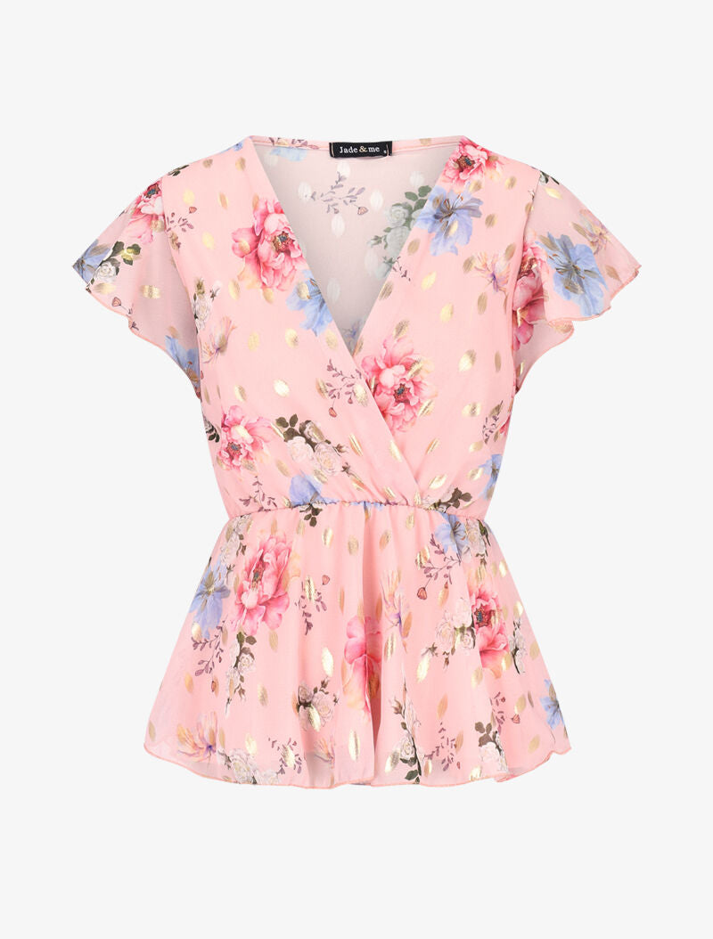 Top péplum cache coeur à fleurs et flocage - rose - 2