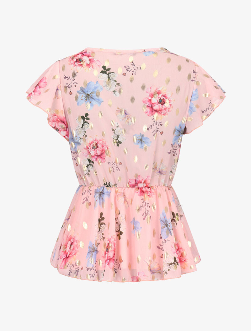 Top péplum cache coeur à fleurs et flocage - rose - 3