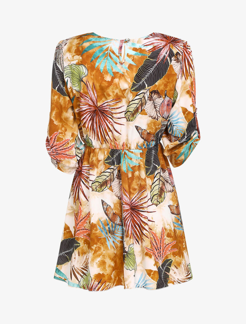 Tunique coupe patineuse imprimé feuilles graphiques - camel - 3